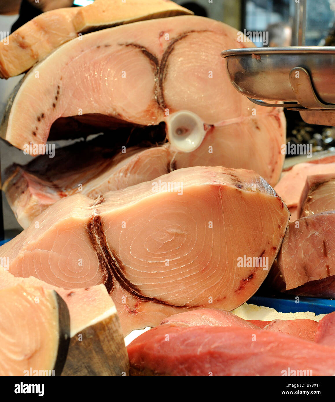 Tuna is pictured at a fish booth on a fish market in Jerez de la Frontera, southern Spain, on Thursday, Dec 30, 2010. Stock Photo