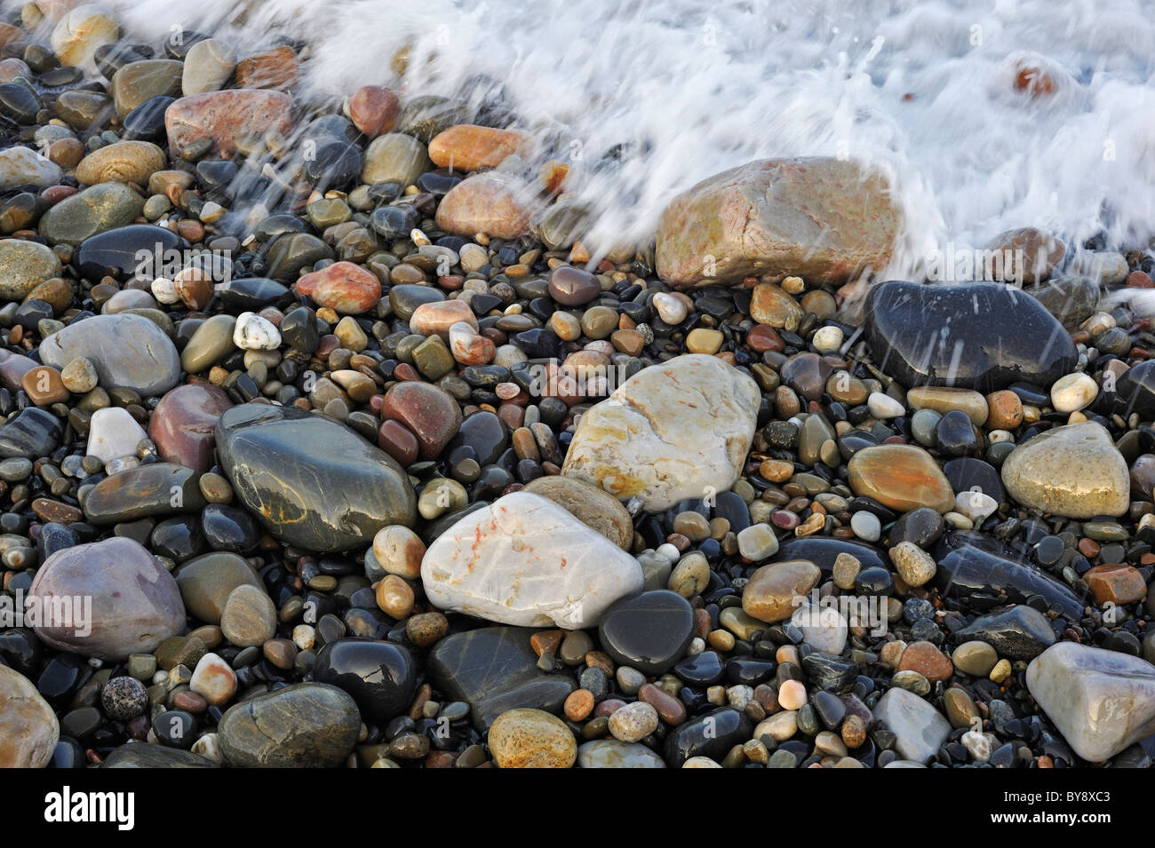 Colourful water smoothed pebbles in surf at shingle beach Stock Photo