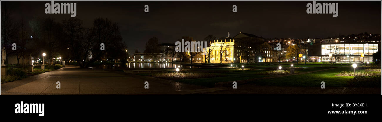 Stuttgart, Oberer Schlossgarten, Stuttgart State Theater, nighttime panorama Stock Photo