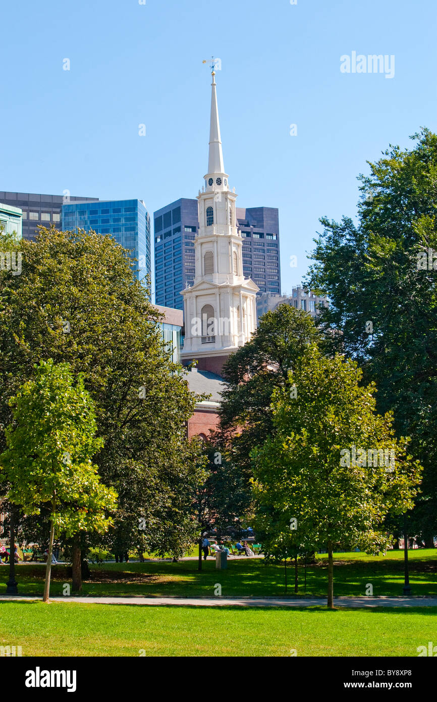 Tremont Street Church as seen from the Boston Common Stock Photo