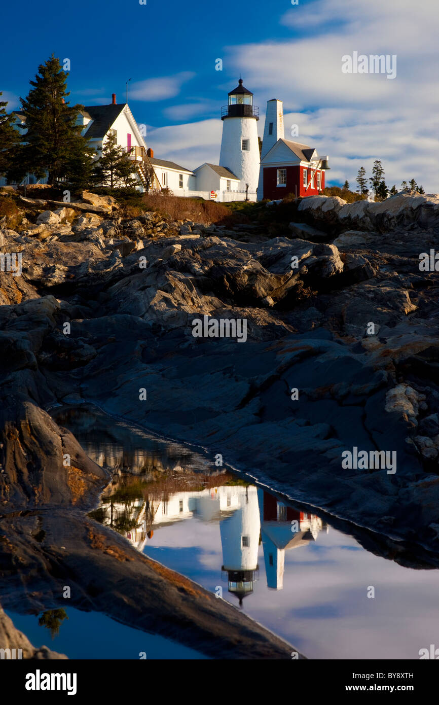 Early morning reflection at Pemaquid Point Lighthouse - built 1827, near Bristol Maine USA Stock Photo