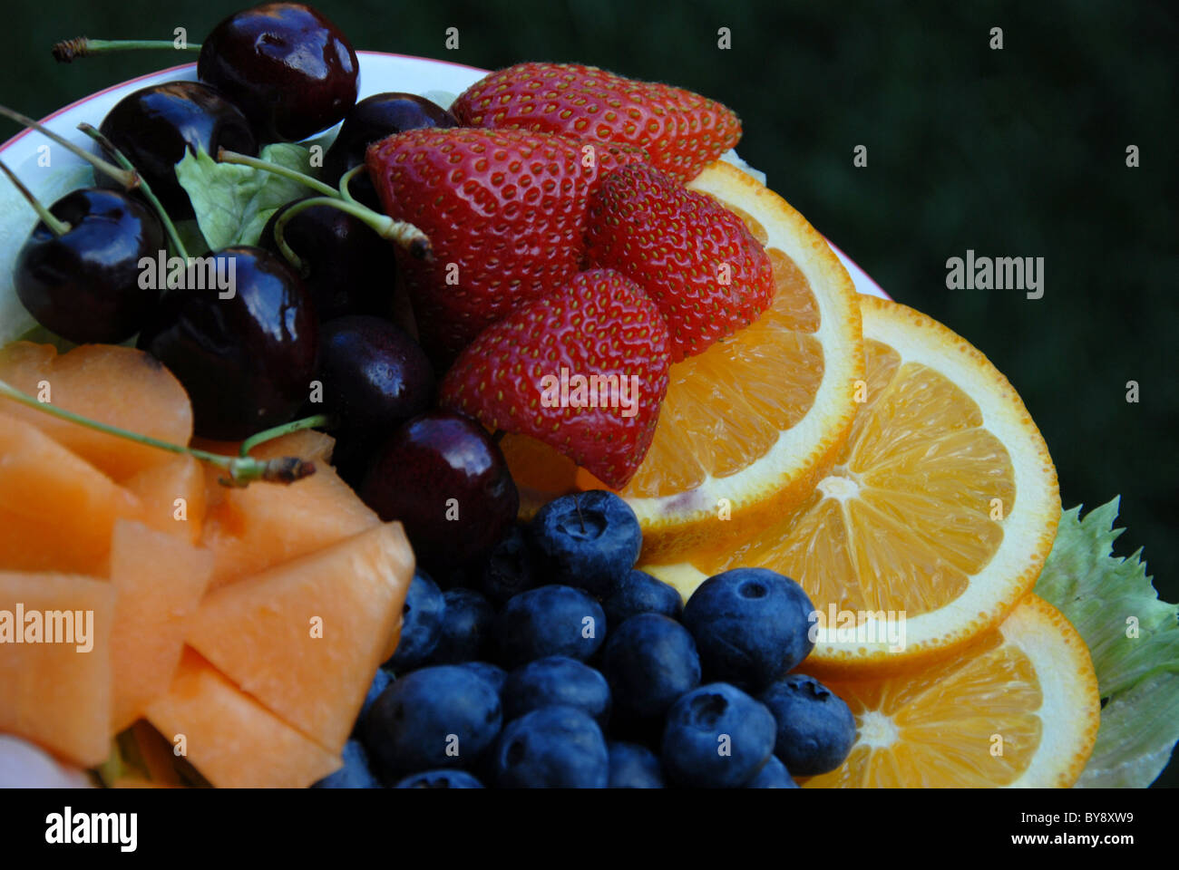 Fruit Platter with Oranges, Strawberries, Blueberries, cantalope and