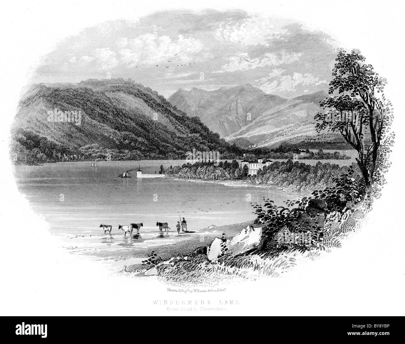Engraving entitled Windermere Lake from the Road to Ulverstone scanned at high res from a pre 1864 book about the Lake District Stock Photo