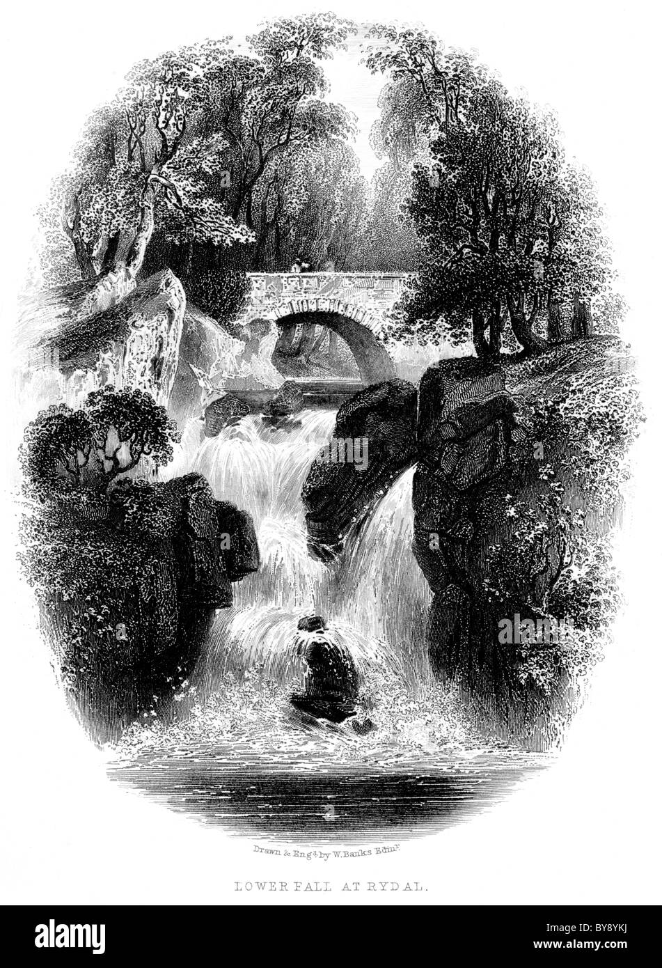 An engraving entitled Lower Fall at Rydal scanned at high resolution from a book about the Lake District published pre 1864 Stock Photo