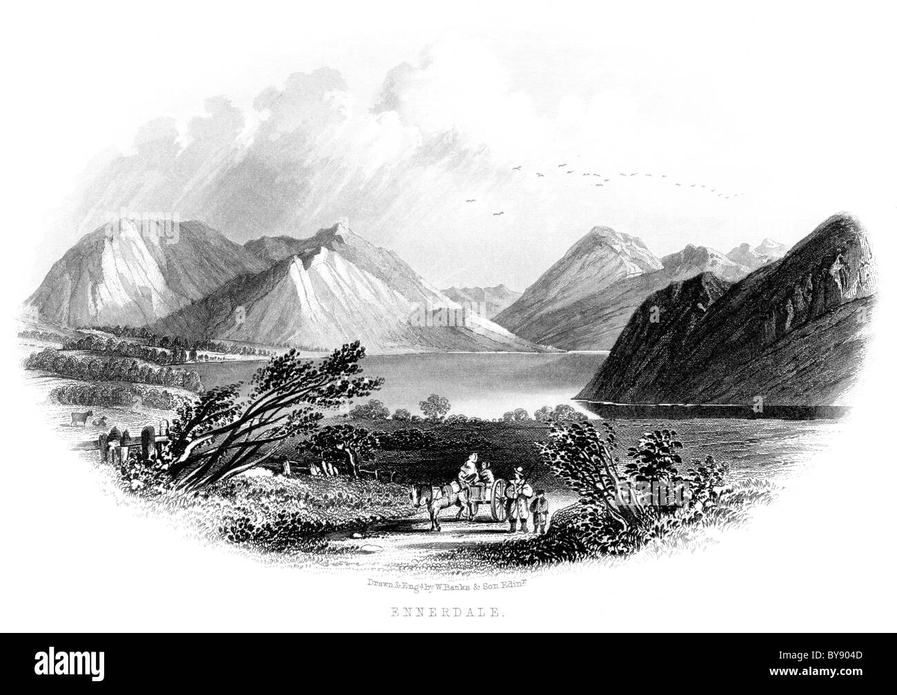 An engraving entitled Ennerdale scanned at high resolution from a book about the Lake District published pre 1864 Stock Photo