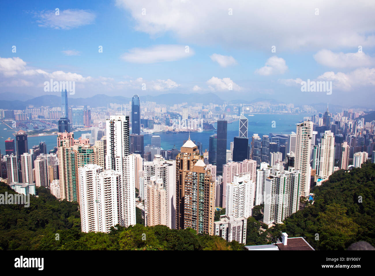 Victoria Peak, Hong Kong in the day, summer blue clear sky, taking in Kowloon and Victoria Harbour central finance district Stock Photo
