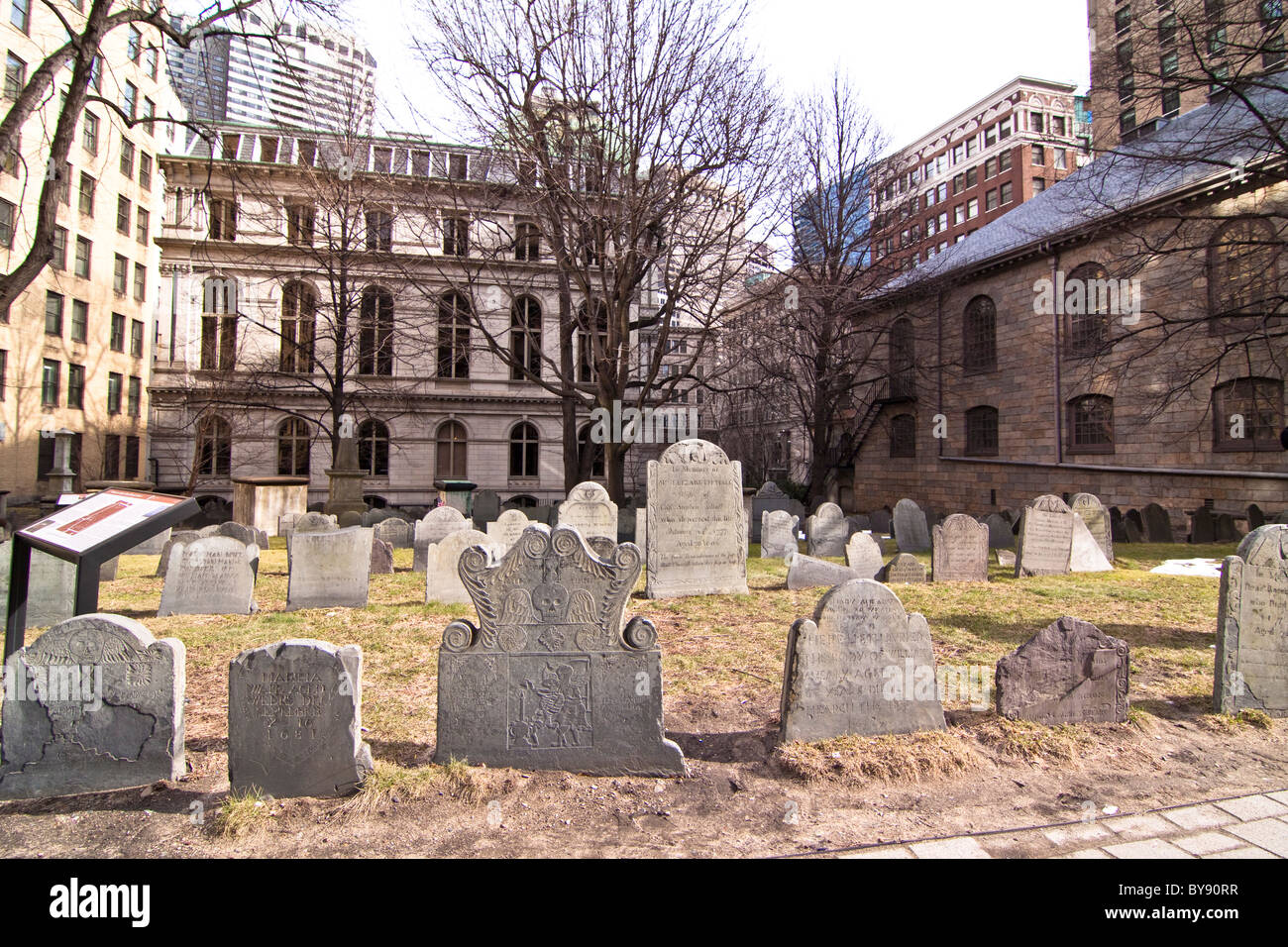 Gravestones in King's Chapel Burying Ground, Tremont Street, Boston, MA Stock Photo