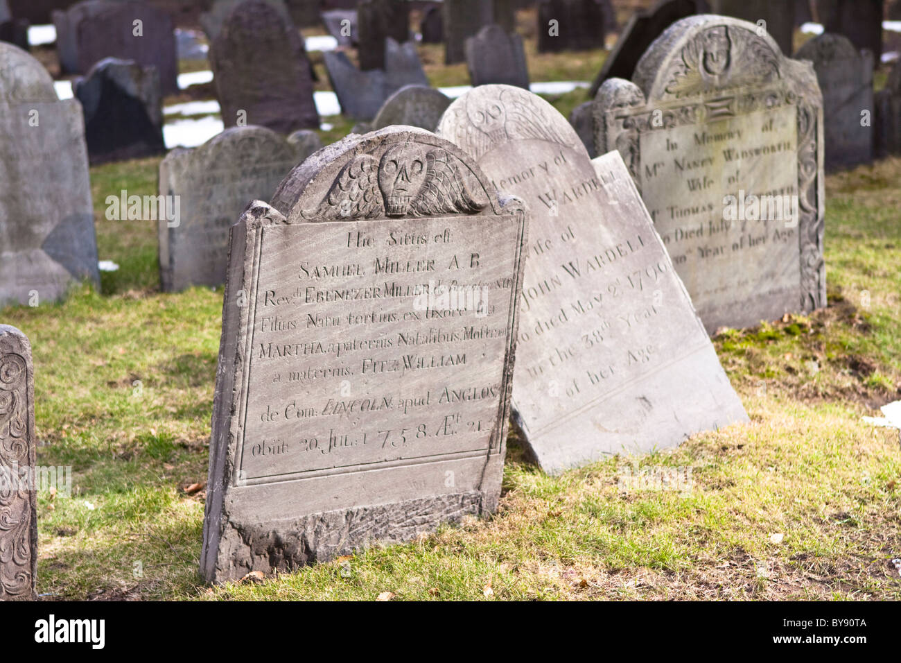 Gravestones in King's Chapel Burying Ground, Tremont Street, Boston, MA Stock Photo