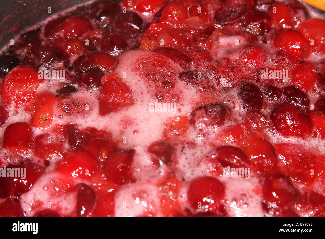 Cranberries boiling in water and sugar. Stock Photo