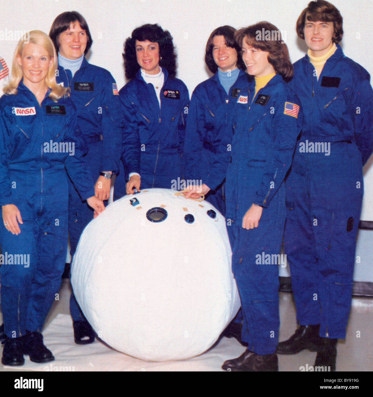 NASA's first six women astronauts Margaret Seddon, Kathryn Sullivan, Judith Resnick, Sally Ride, Anna Fisher, and Shannon Lucid. Stock Photo