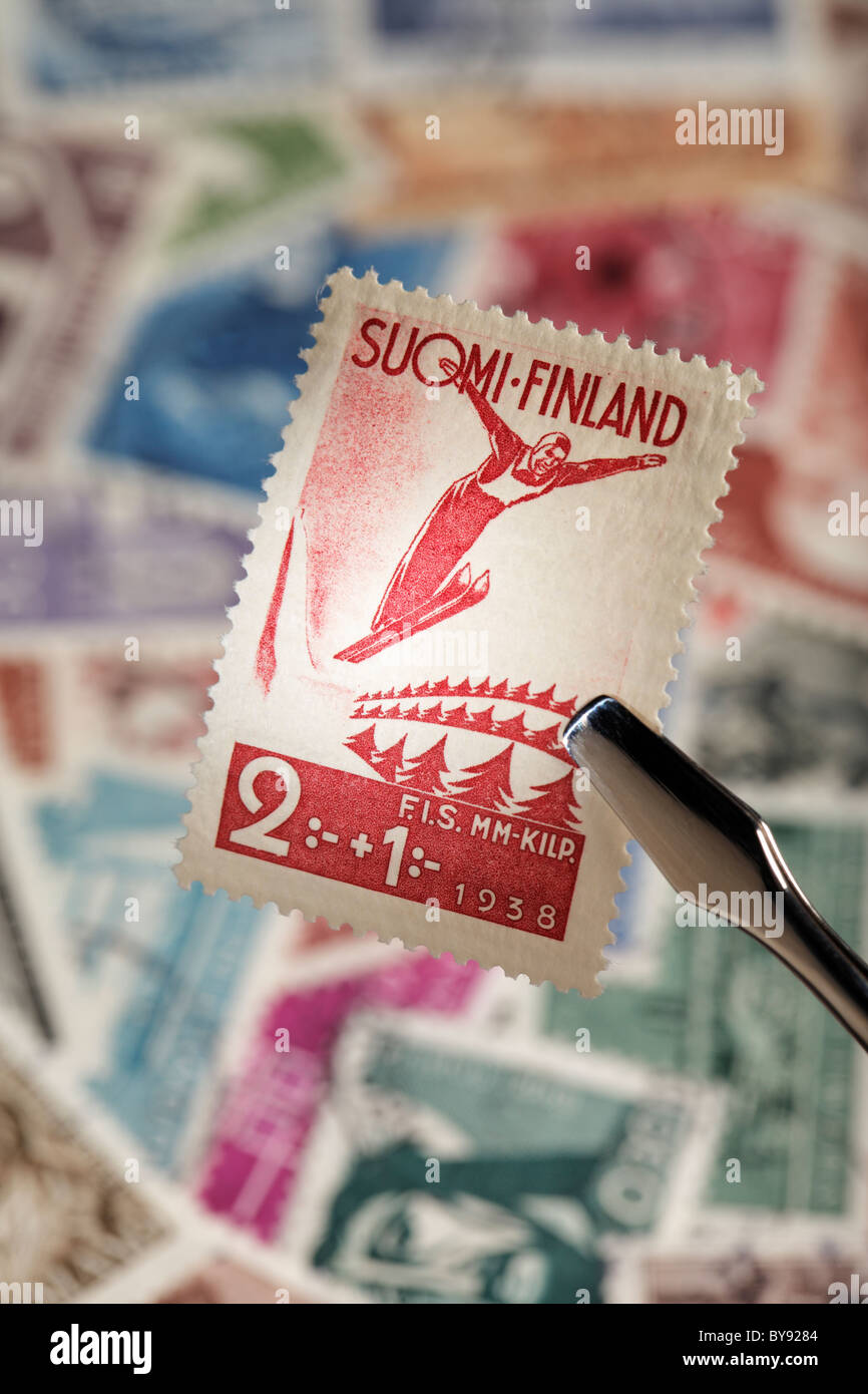 Finnish commemorative stamp from 1938. FIS Nordic World Ski Championships in Lahti. Stock Photo