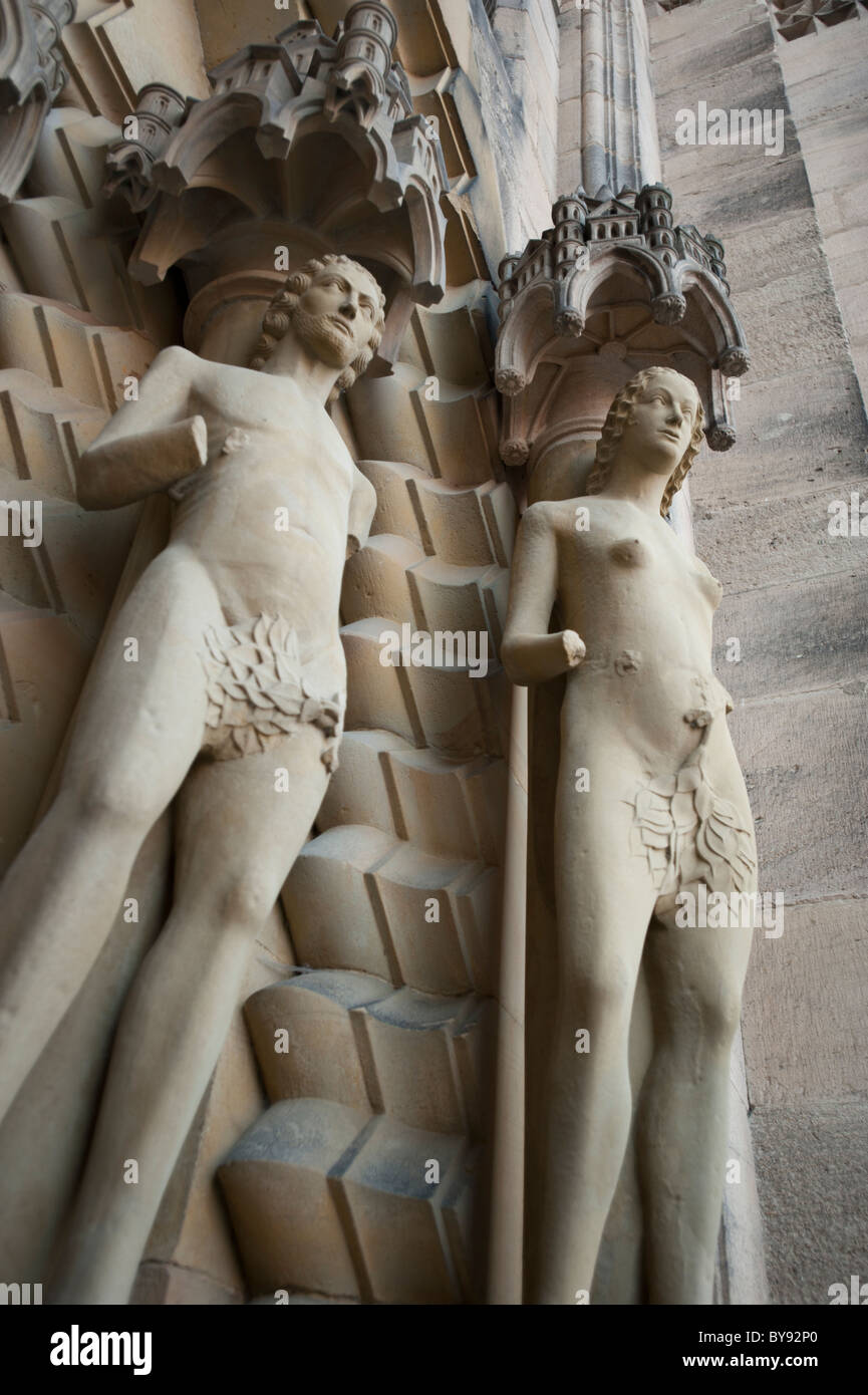 Adam and Eve sculptures on the Bamberg Cathedral in Bamberg, Bavaria, Germany, Europe Stock Photo