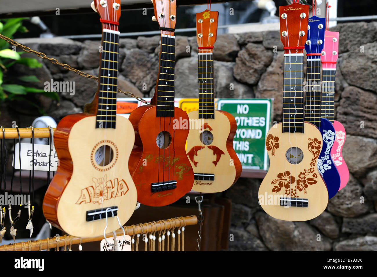 Ukelele displayed Kalakaua Ave along Waikiki Beach Honolulu Hawaii