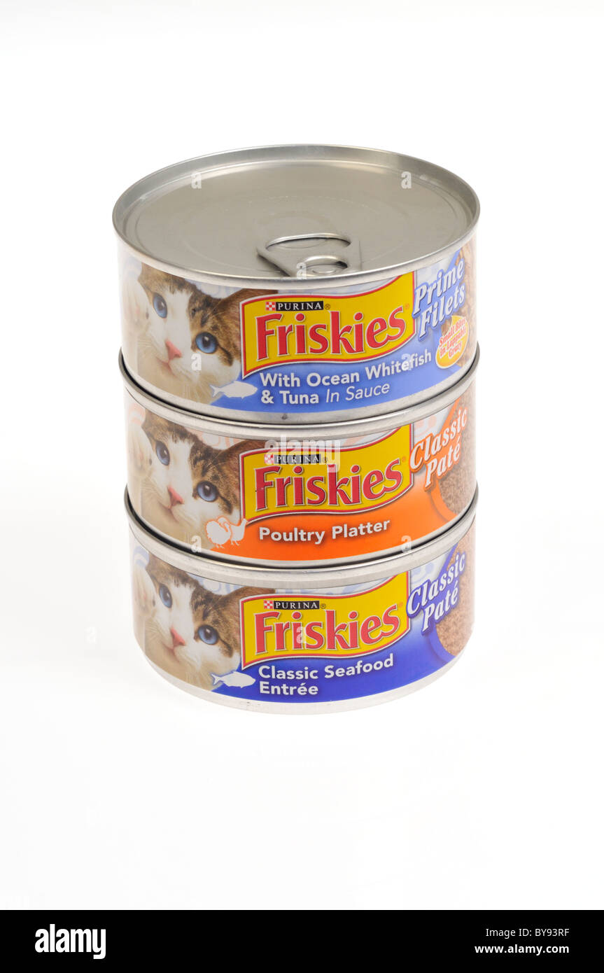Stacked cans of Purina's Friskies cat food on white background, cut out Stock Photo