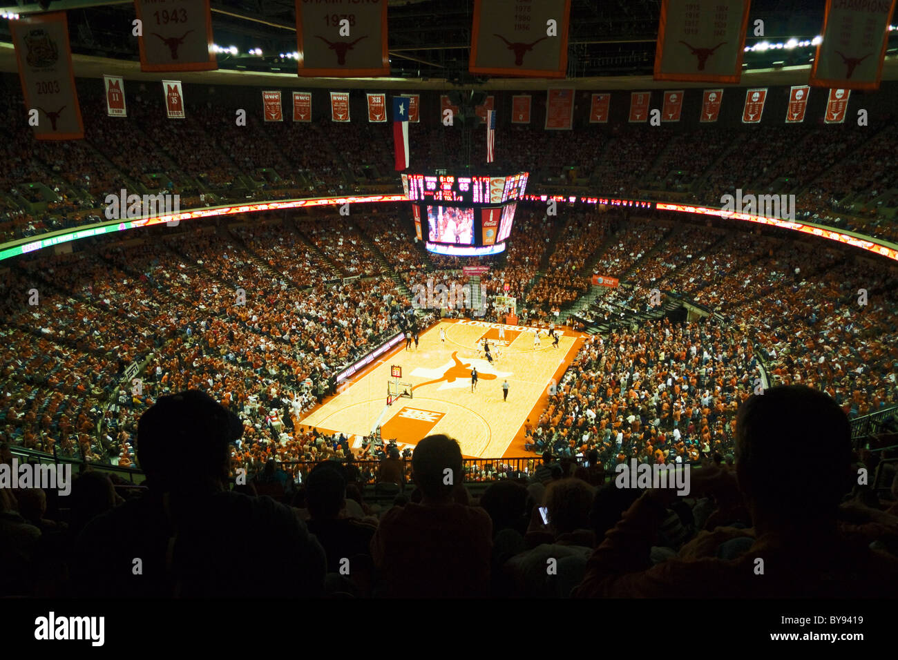 View from the mezzanine at University of Texas at Austin basketball game at the Frank Erwin Center. Stock Photo
