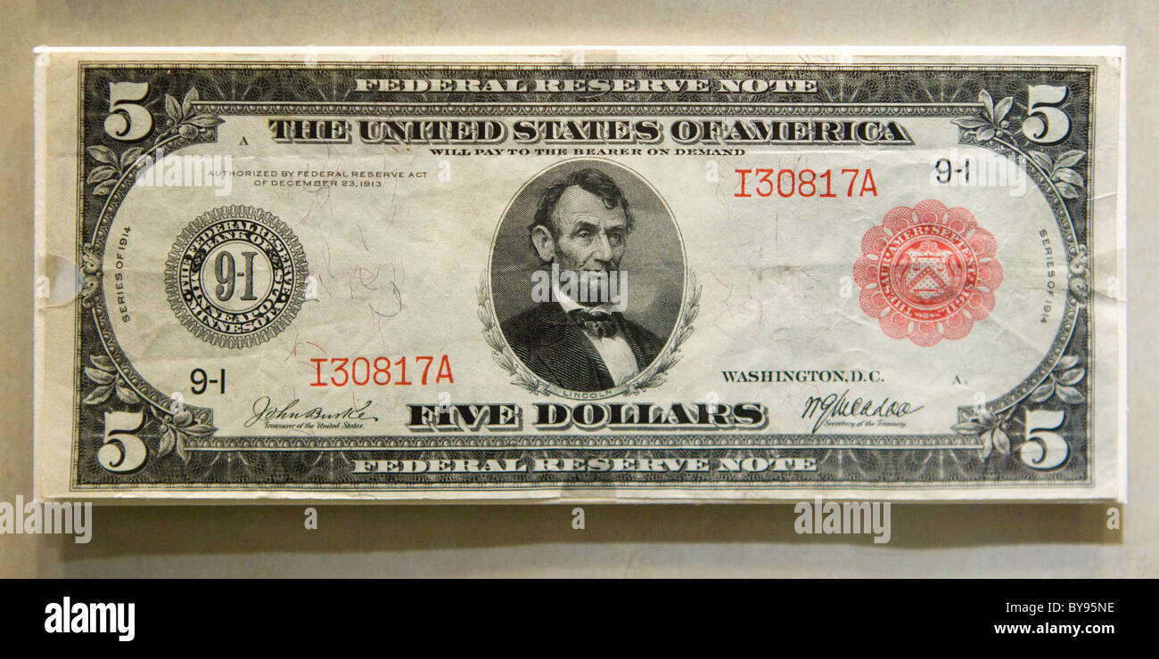 Obverse view of rare 1914 $5 bill Stock Photo