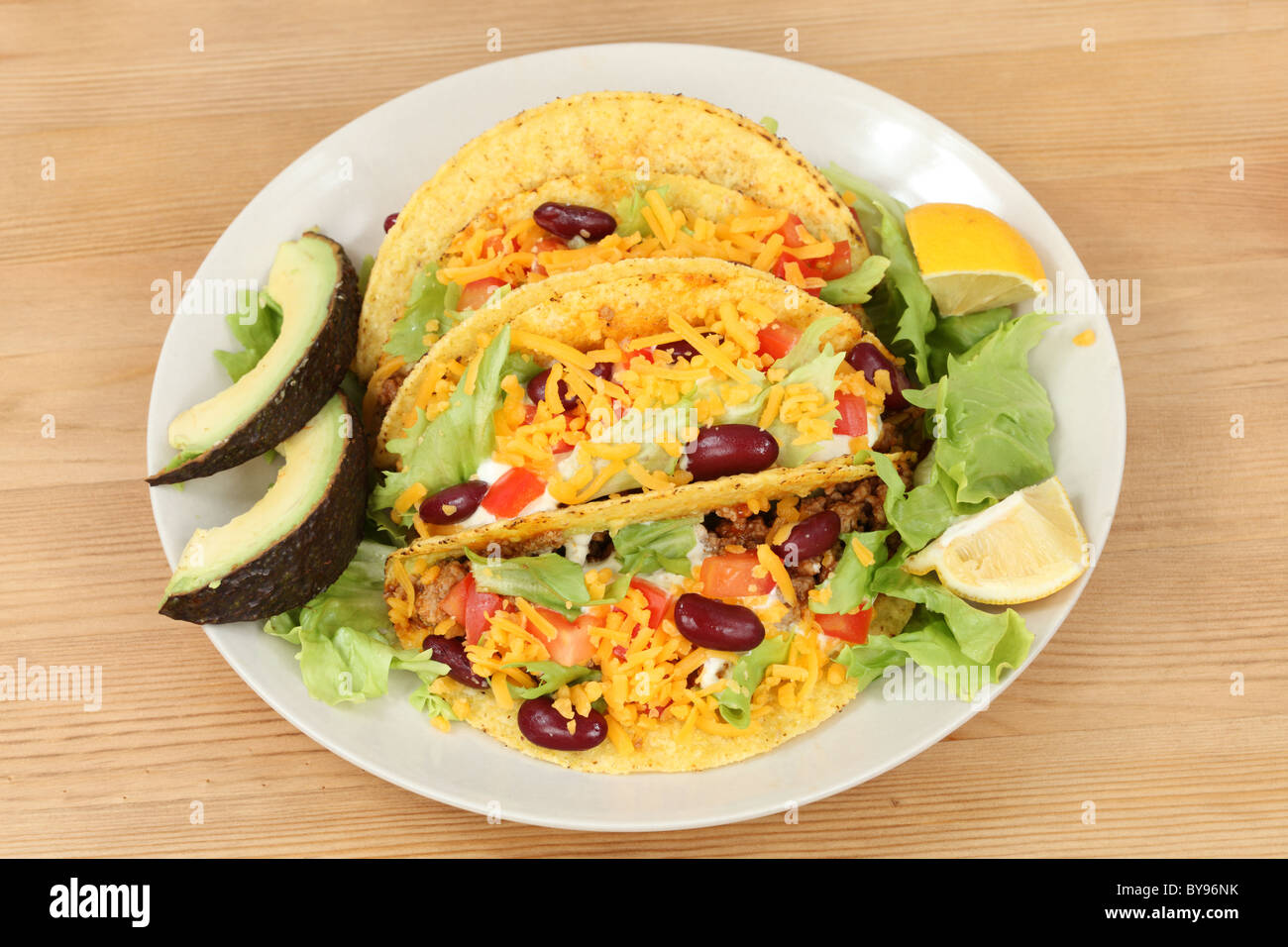 Mexcian food - plate with tacos, lettuce and avocado Stock Photo