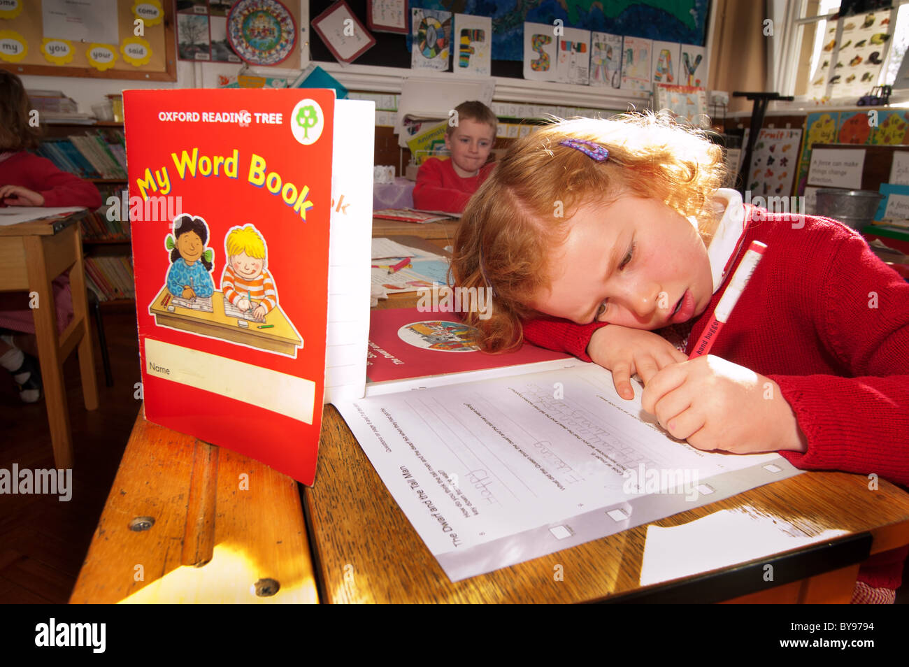 A primary school pupil working in a rural primary school in north east England Stock Photo