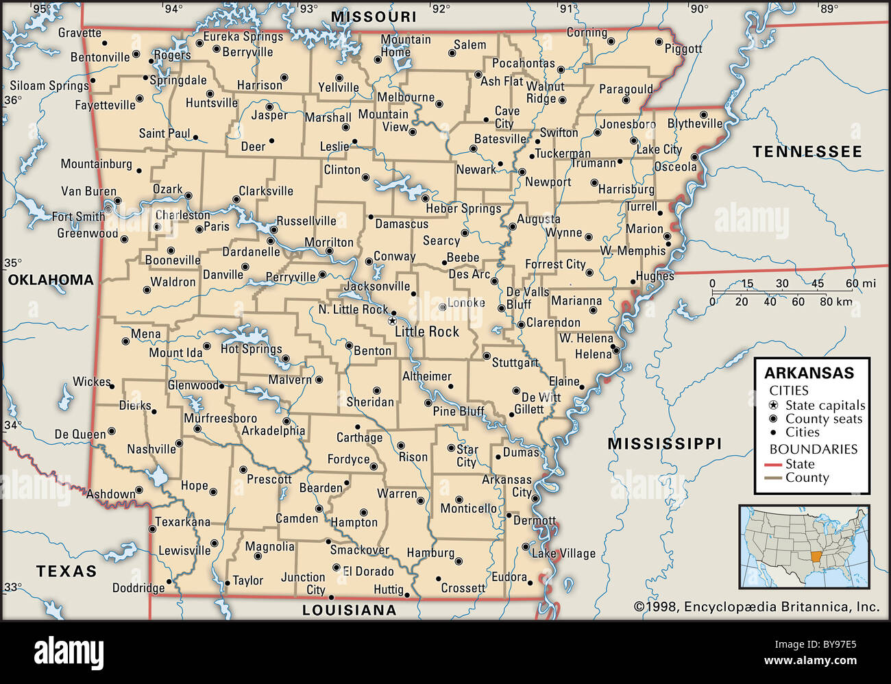 Political map of Arkansas Stock Photo