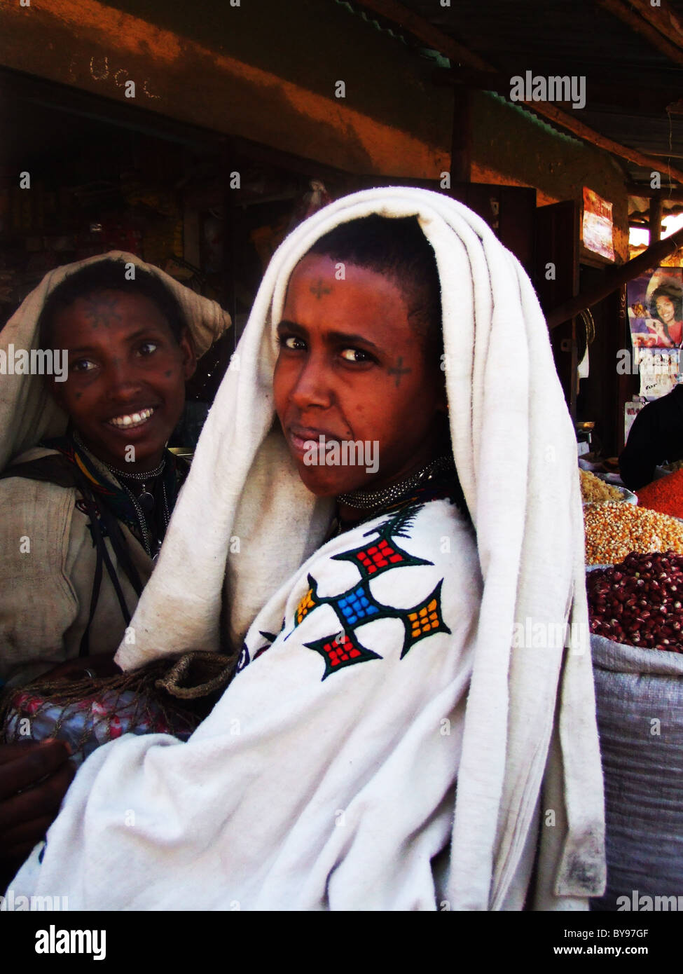 Faces of Ethiopia. Colorful Amharic women visiting the Bhar Dar market. Stock Photo