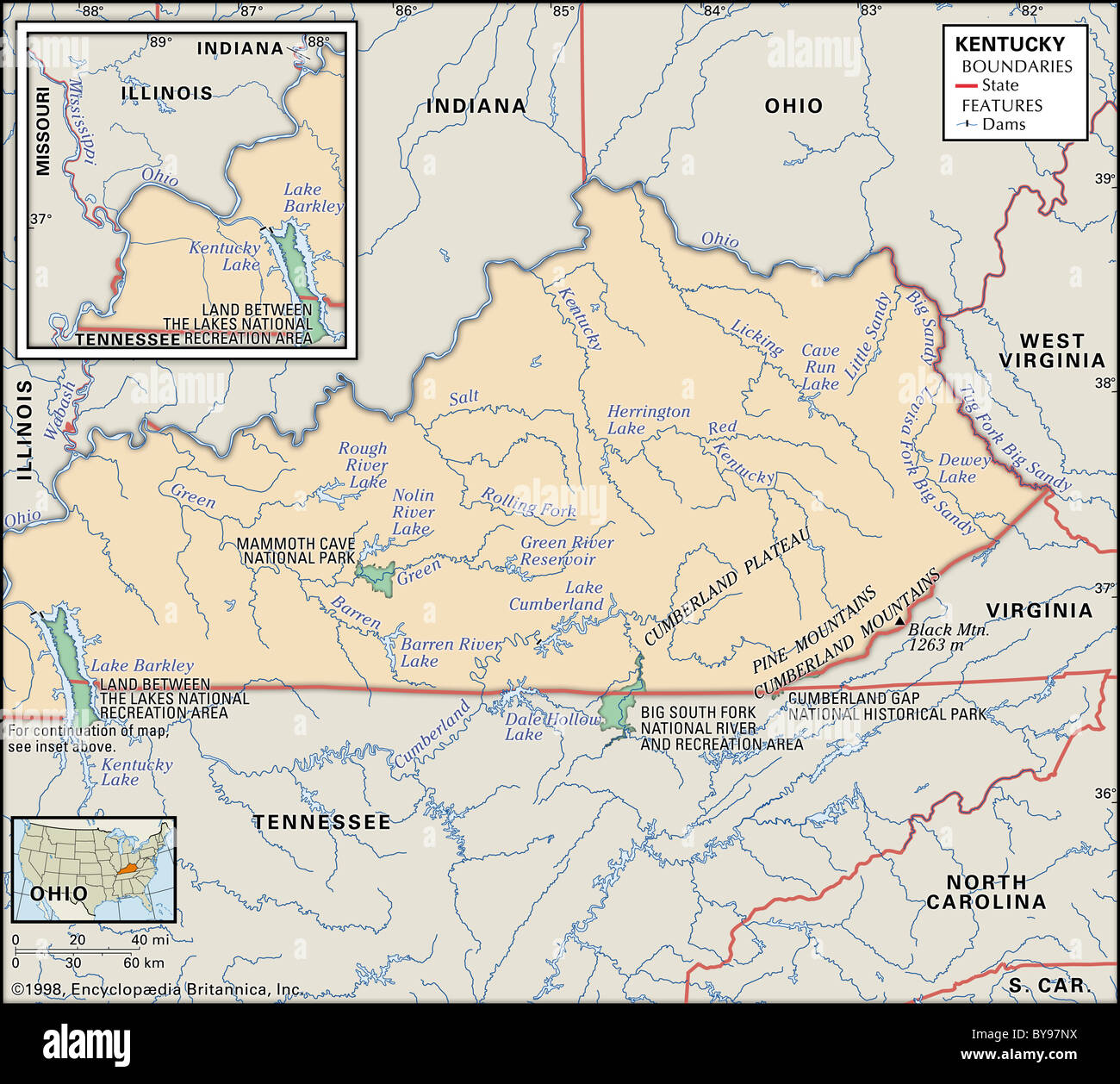 Physical map of Kentucky Stock Photo