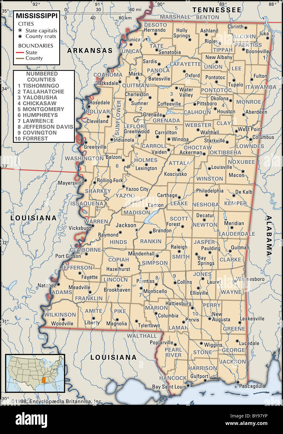Political map of Mississippi Stock Photo