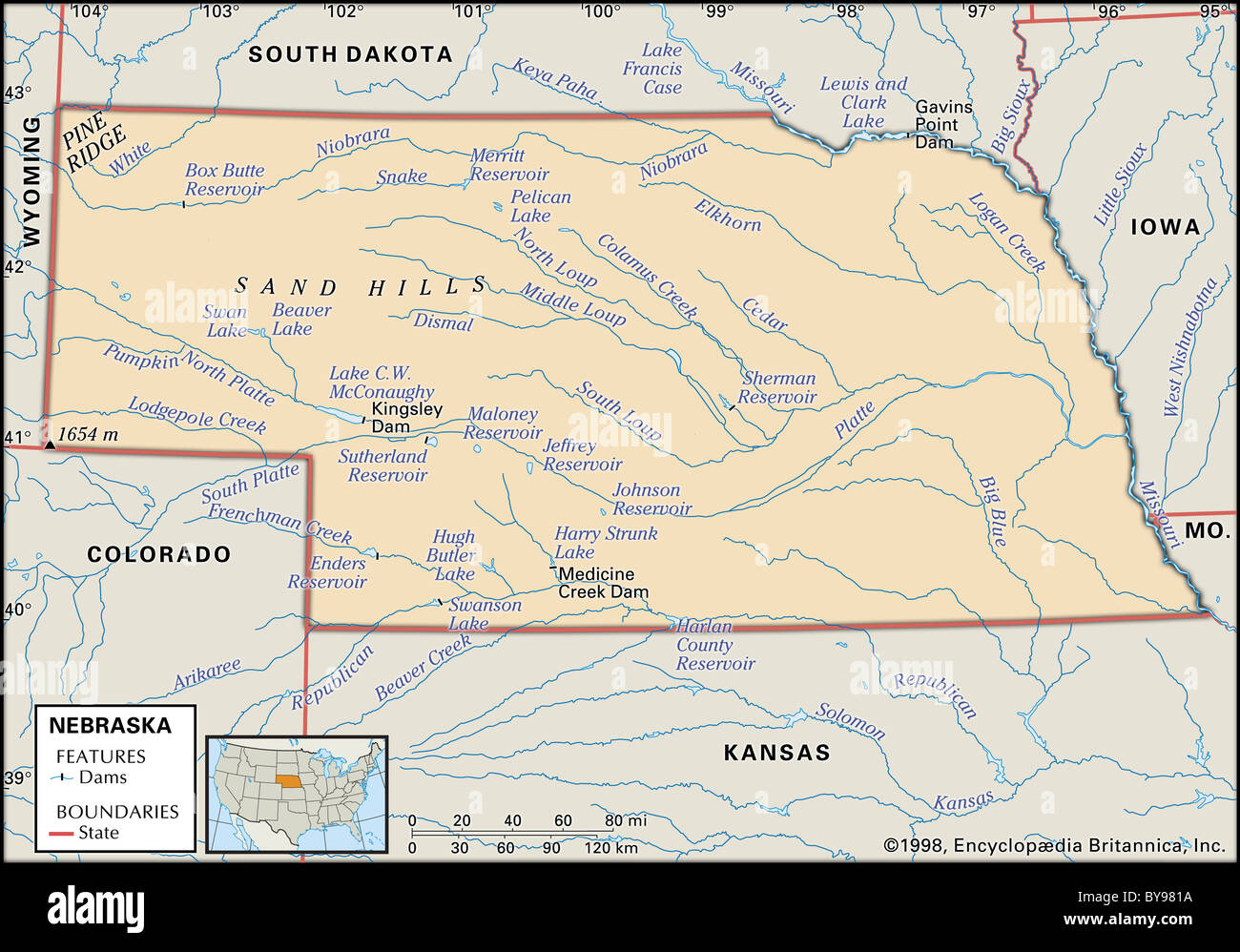 Physical map of Nebraska Stock Photo