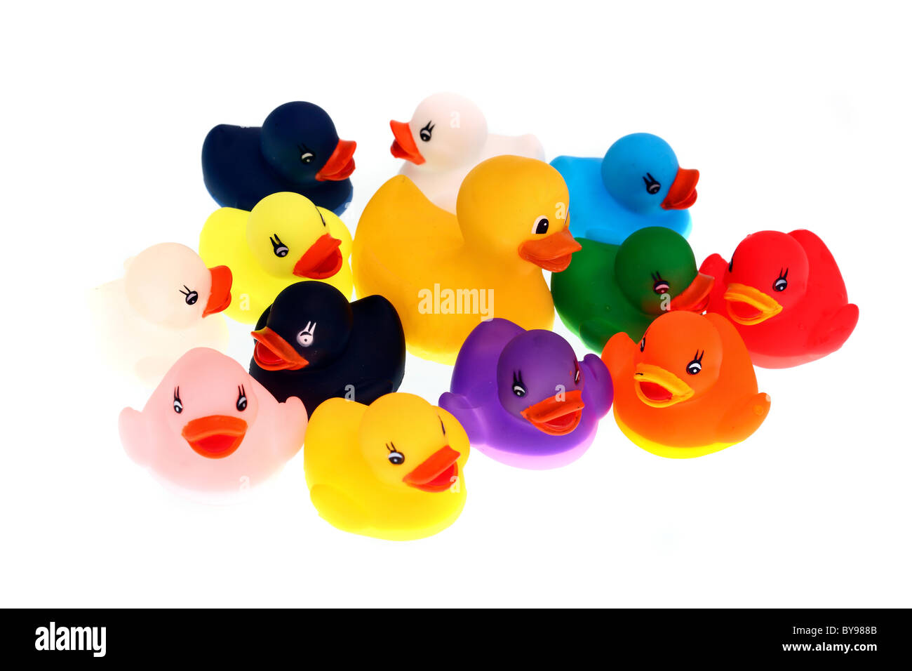 Bath toys, different colorful figures for kids to play with in a pool or bath tub. Wind-up figures, mechanic. Stock Photo
