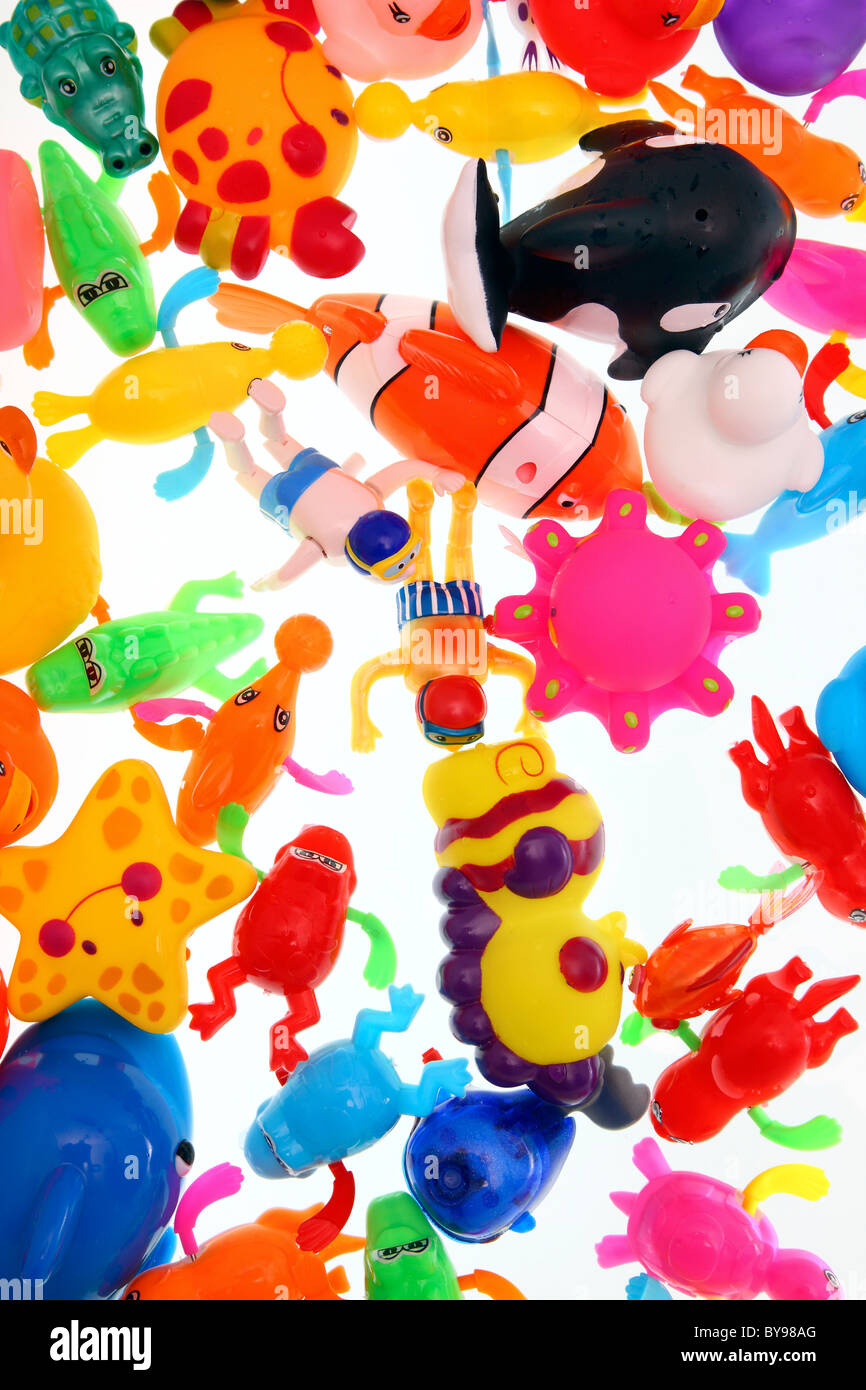 Bath toys, different colorful figures for kids to play with in a pool ...