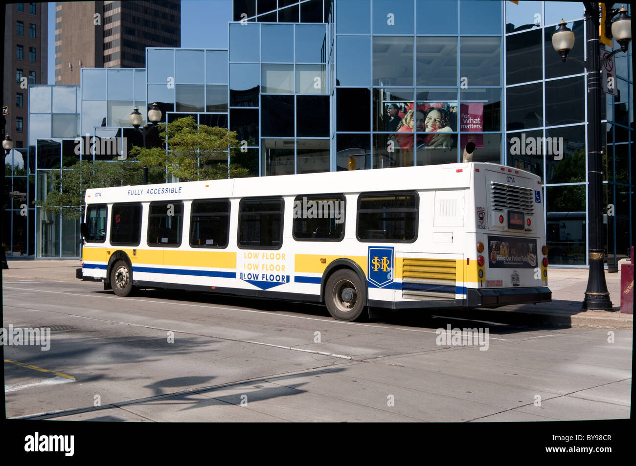 a rear view of a Hamilton Street Railway Orion New Flyer bus in the City of Hamilton. This a diesel powered low floor bus Stock Photo