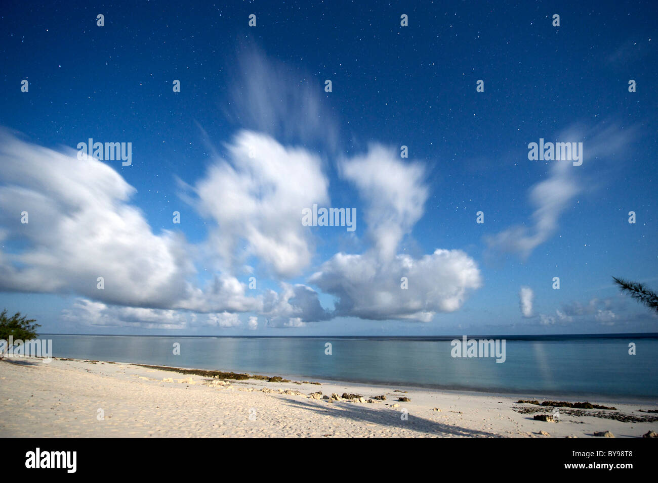 Nighttime, moonlit view of the beach and Indian Ocean (Mozambique channel) at Beheloka on the southwestern coast of Madagascar. Stock Photo