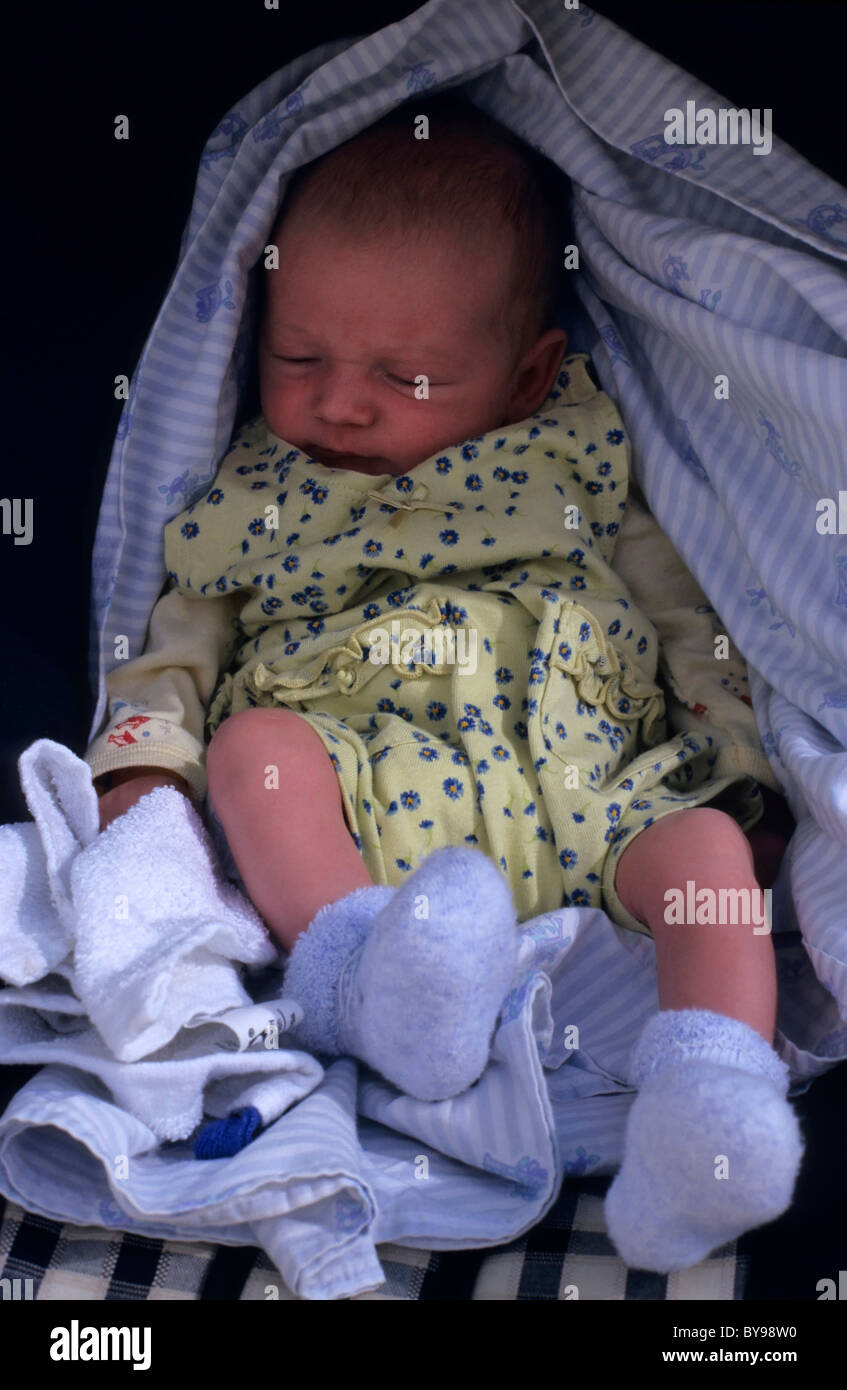 Portrait of a one week old baby sleeping in a wicker basket. Stock Photo