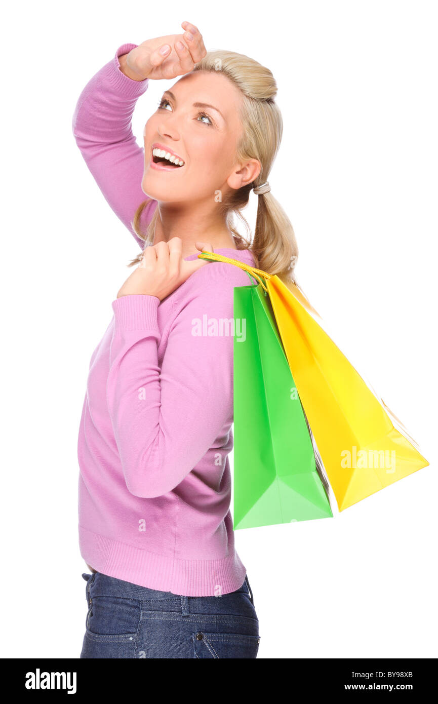 Full isolated portrait of a beautiful woman with shopping bags Stock ...