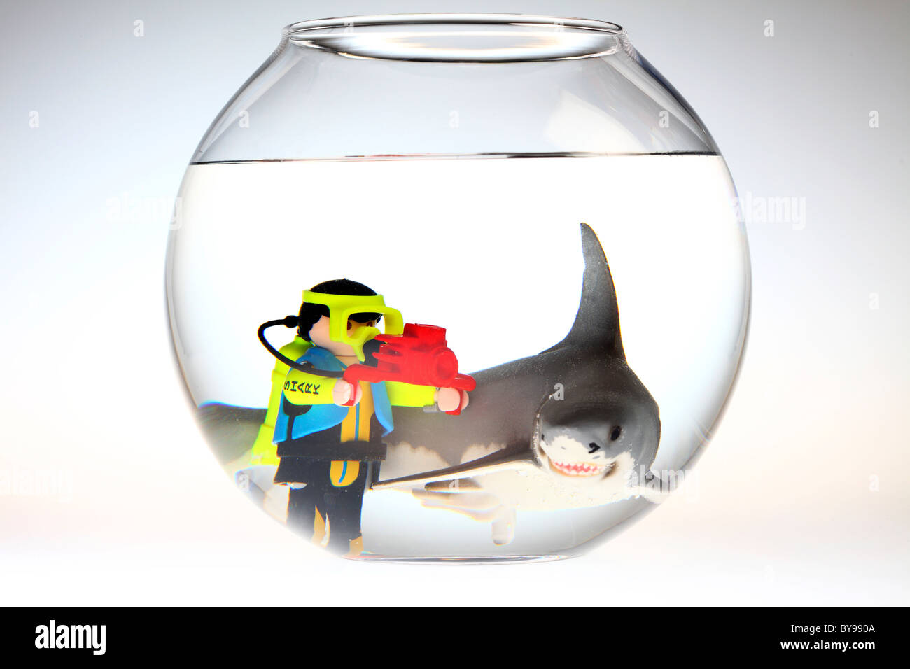 Diver taking underwater photos of a shark, in a fish bowl Stock Photo