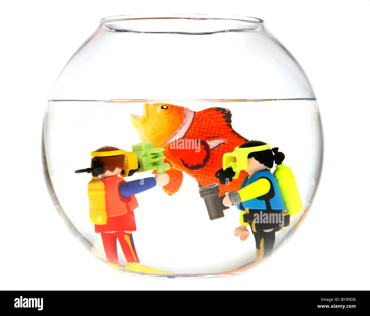 Diver taking underwater photos in a fish bowl. Stock Photo