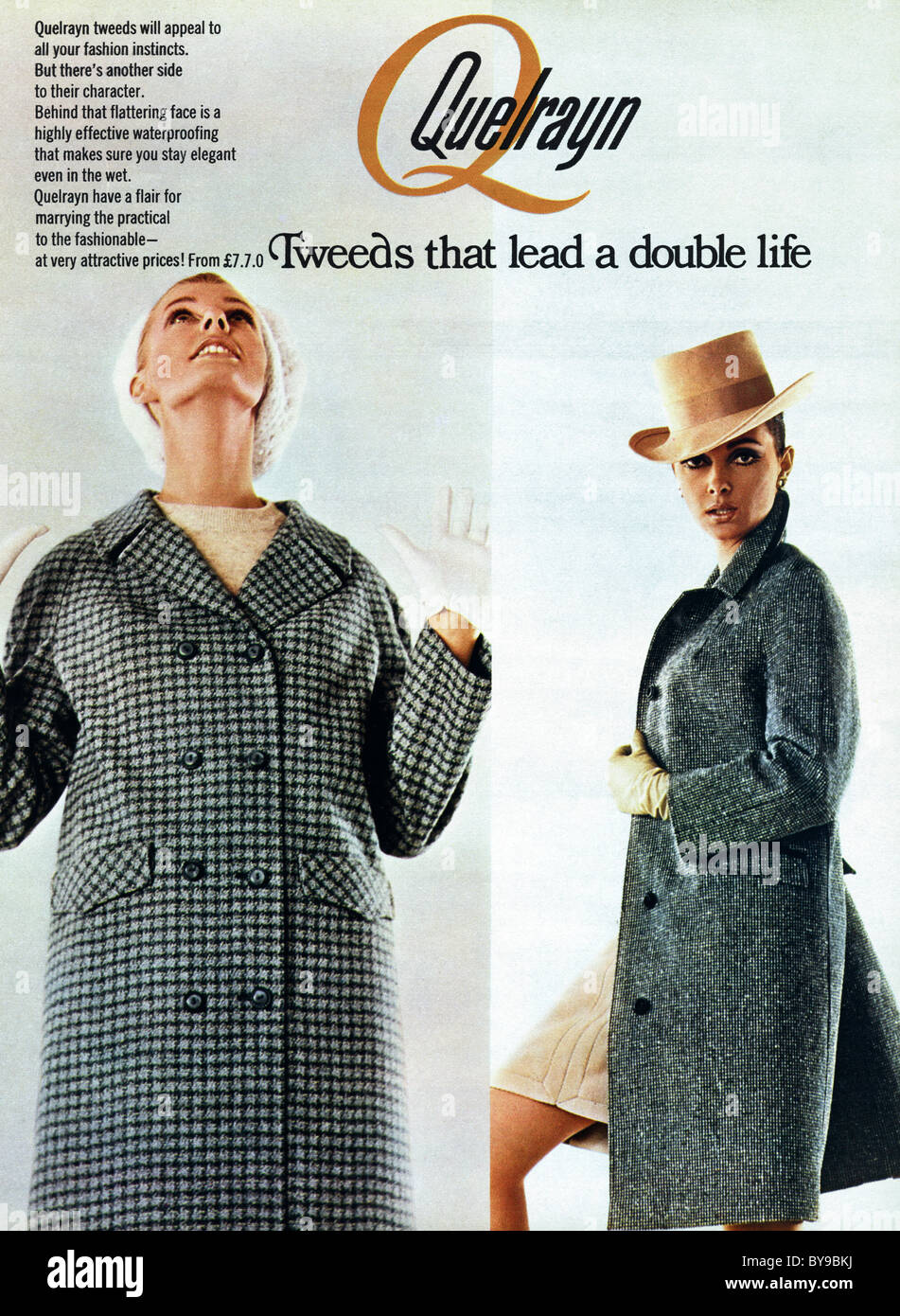1960s colour advertisement for QUELRAYN tweed coats in women's fashion magazine circa 1967 Stock Photo