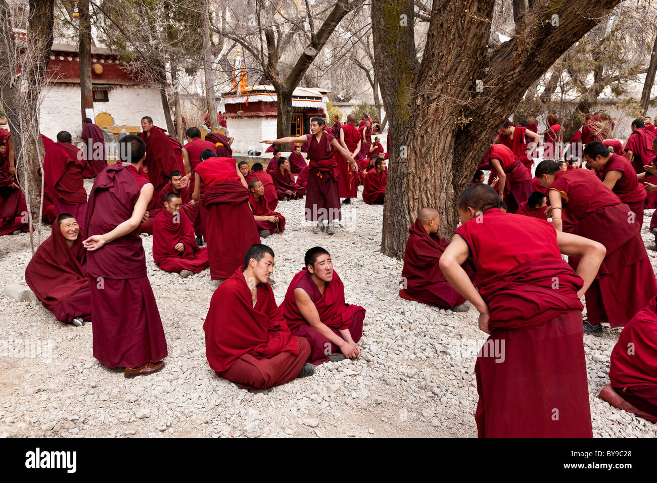 Monks debating in the Debating Courtyard at Sera Monastery Lhasa Tibet. JMH4593 Stock Photo