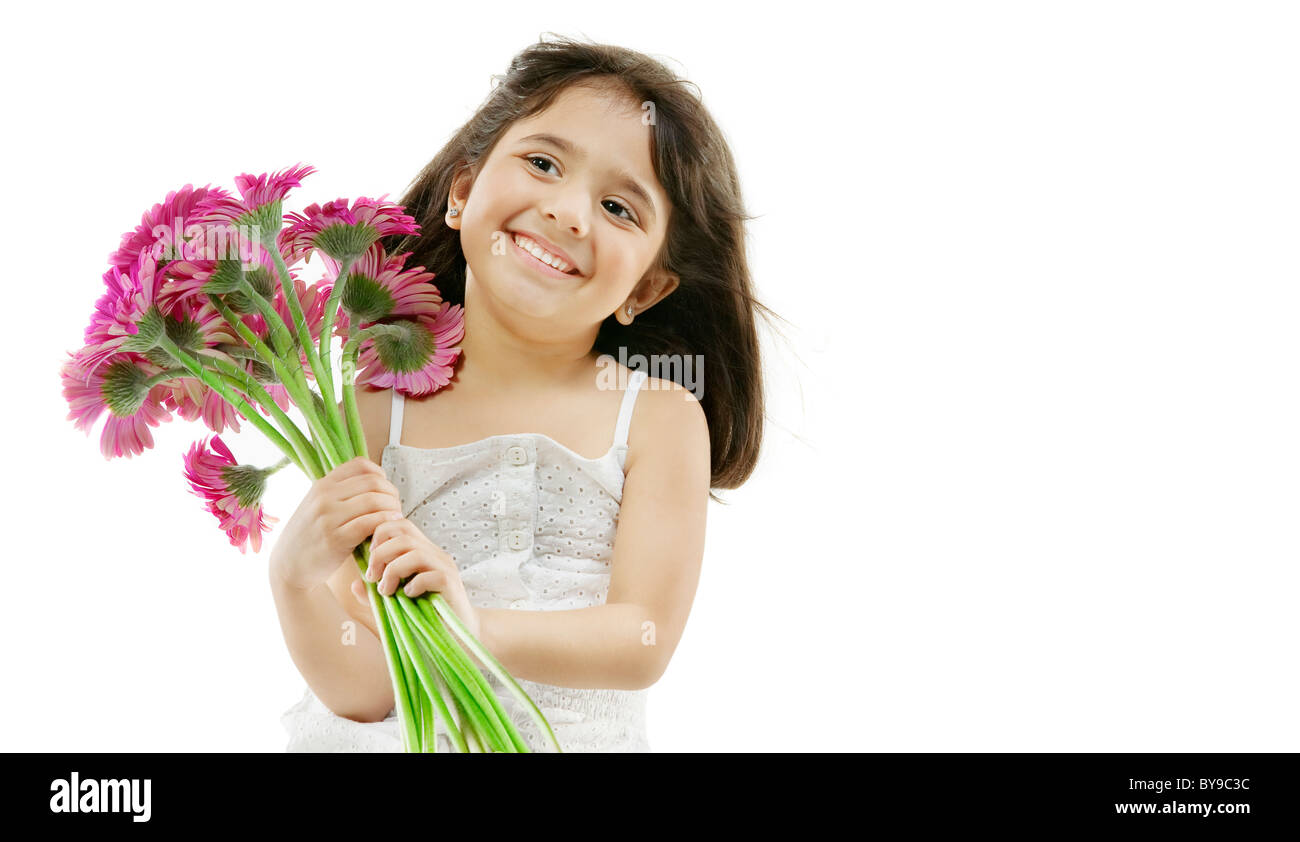Portrait of a girl holding flowers Stock Photo Alamy