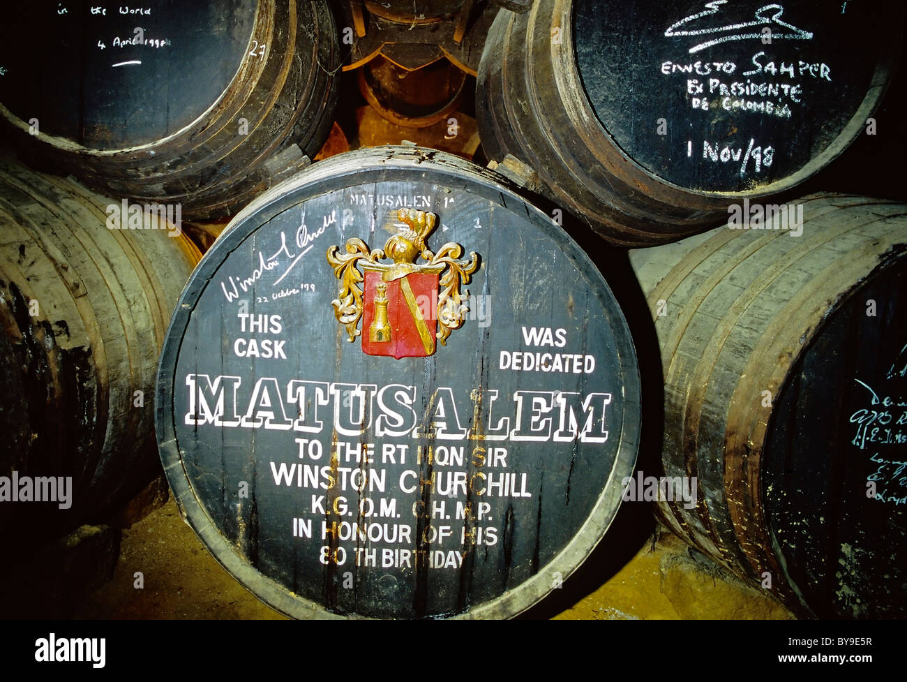 Old Sherry barrel with signature of Winston Churchill, Bodegas Tio Pepe, Jerez de la Frontera, Costa de la Luz, Andalusia, Spain Stock Photo