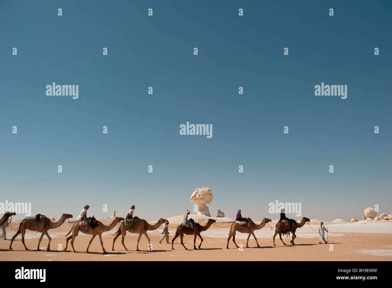 Caravan in front of limestone formations in the White Desert National Park, Libyan Desert, Sahara, Egypt, North Africa Stock Photo
