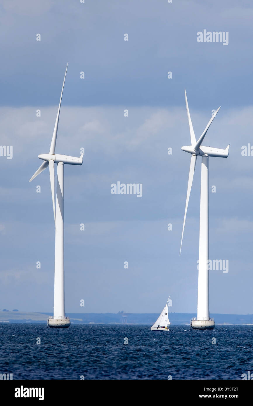 Two off-shore windturbines, Denmark, Europe Stock Photo