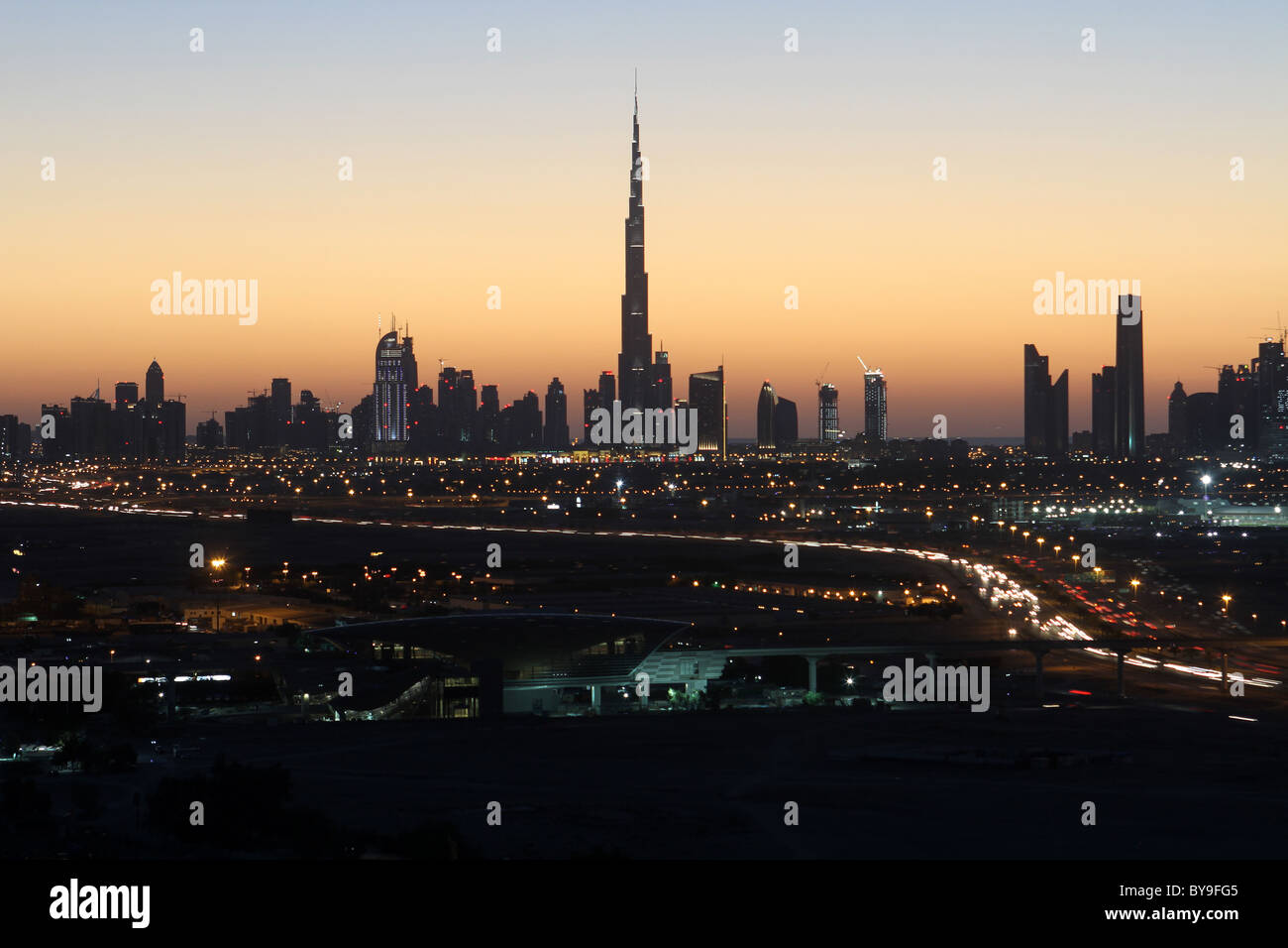 Dubai's Skyline at sunset Stock Photo