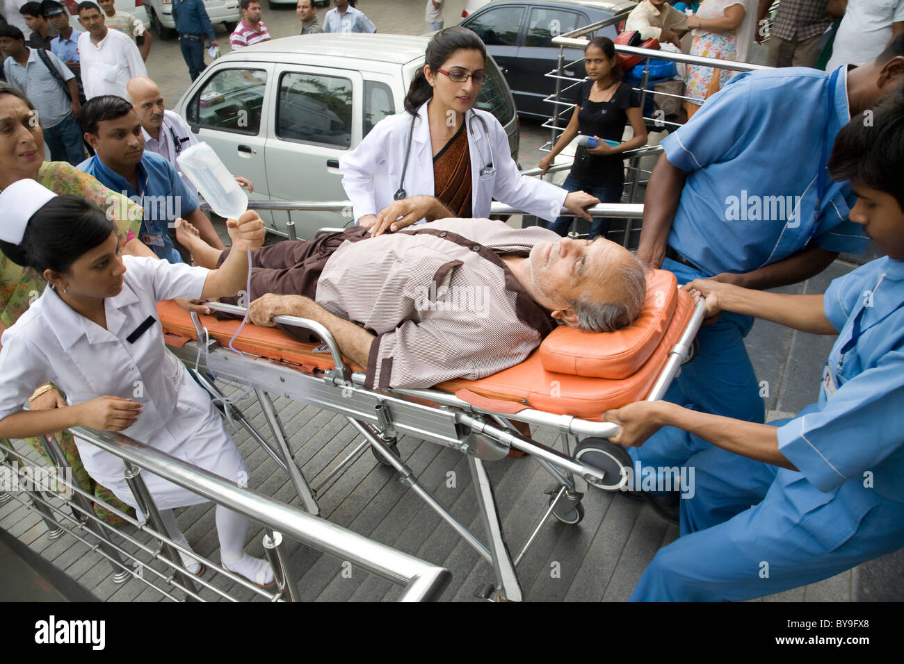 Patient going into a hospital on a stretcher Stock Photo