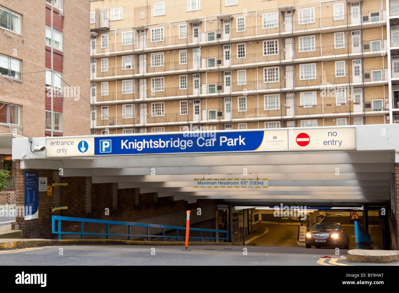 The Knightsbridge car park, run by Westminster City Council built under social housing block Stock Photo