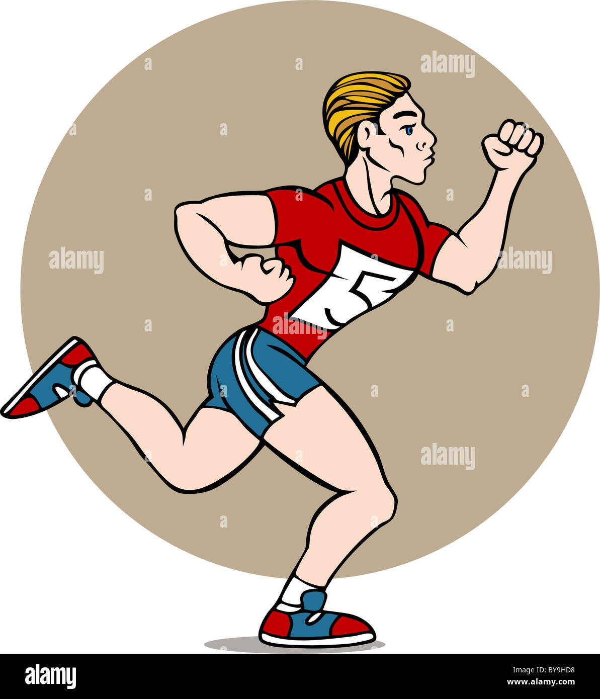 Cartoon drawing of a man running in a race isolated on a white background. Stock Photo