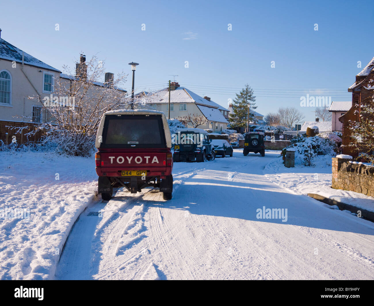 A Toyota four wheel drive vehicle parked in a snow covered village ...