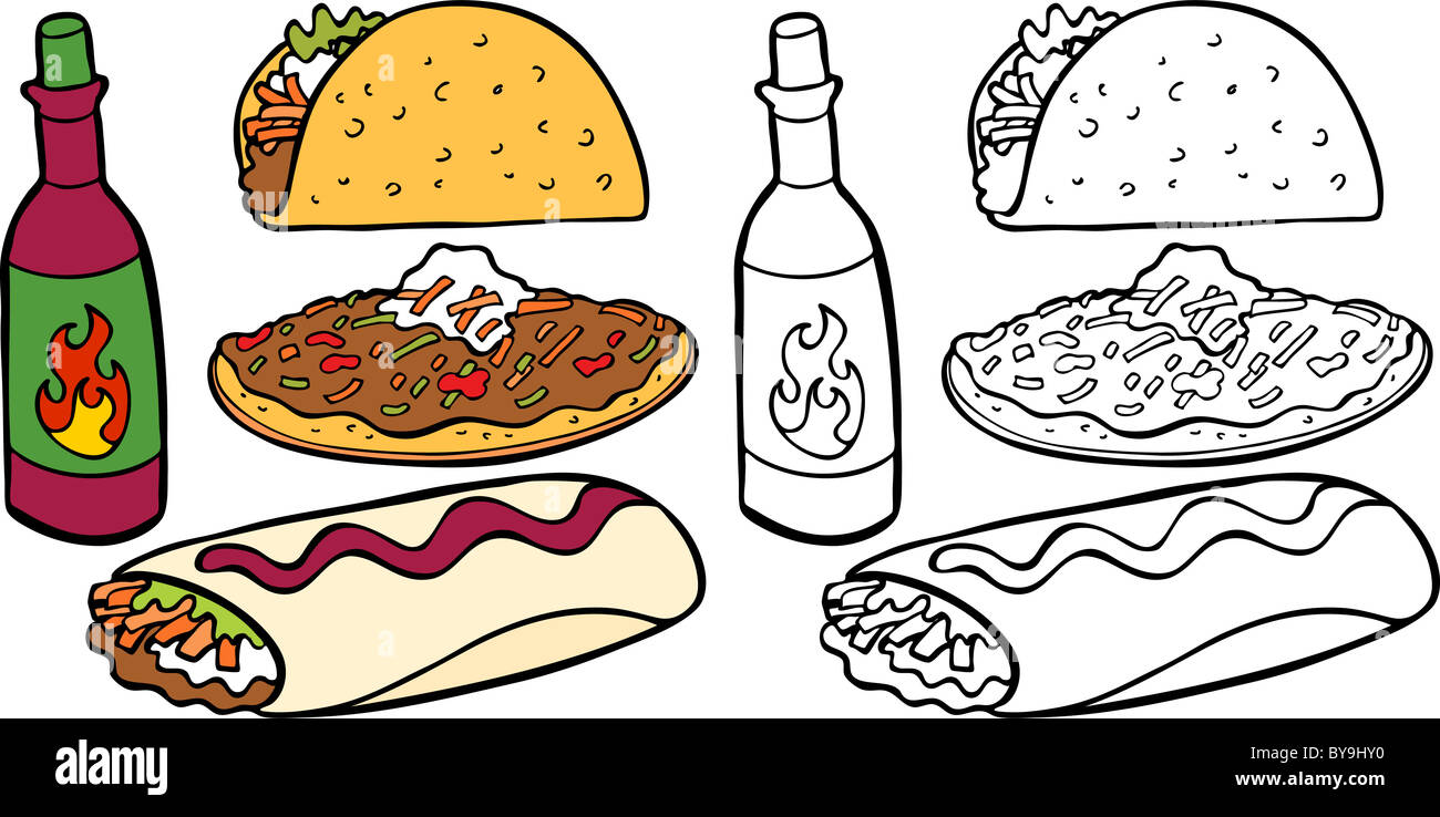 Cartoon Image Of A Variety Of Different Types Of Mexican Food Items 
