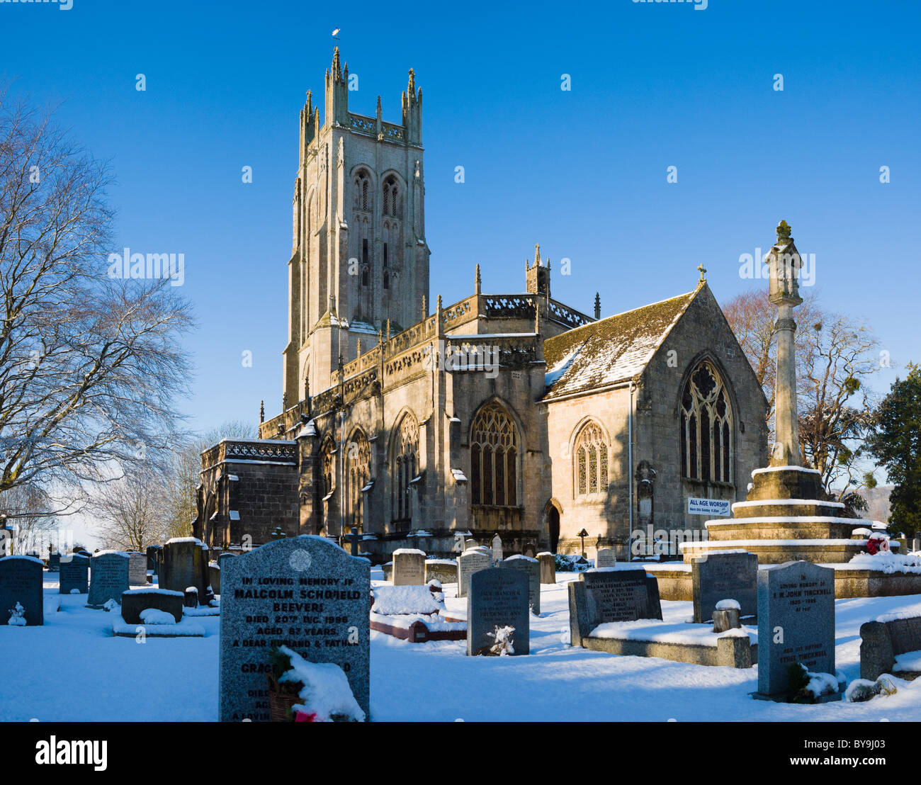Wrington All Saints Church in winter snow. North Somerset, England