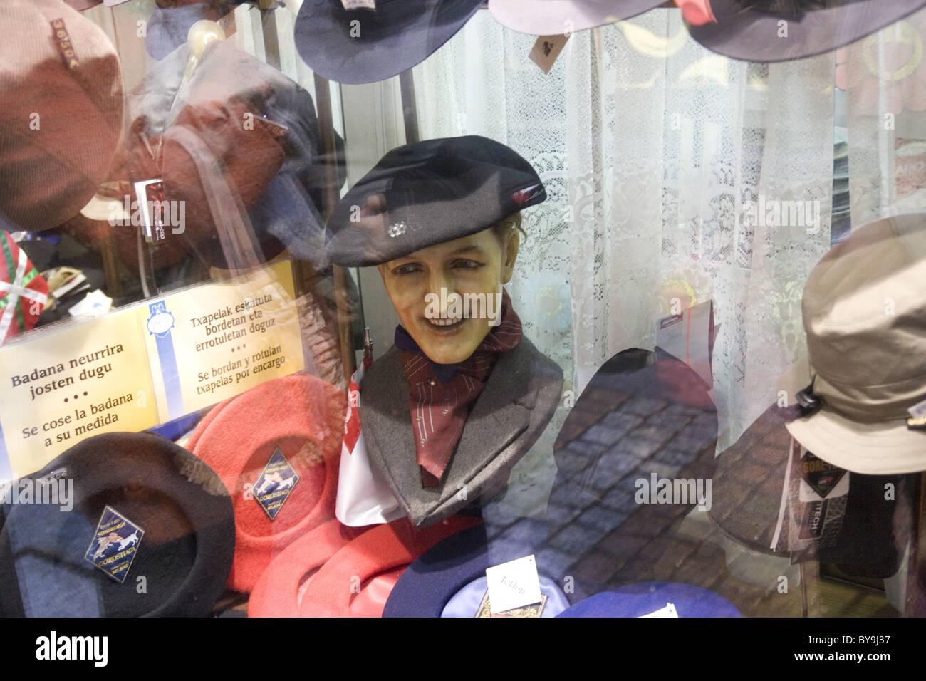 Spain, Bilbao Sombreria Gorostiaga Boina the distinctive Basque beret on  sale in shop window Stock Photo - Alamy