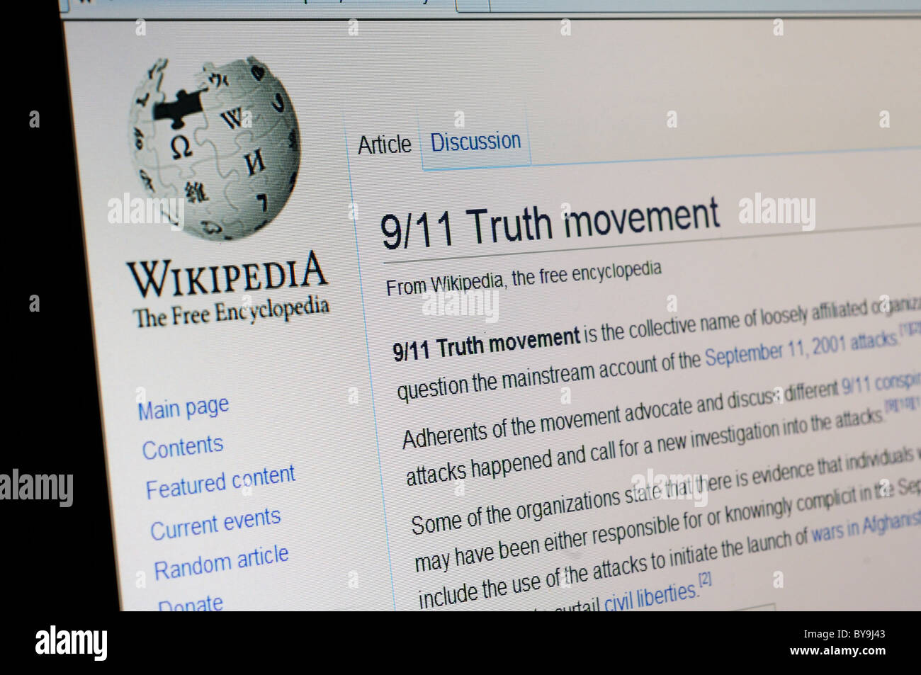 A wikipedia search for the 9/11 Truth movement Stock Photo